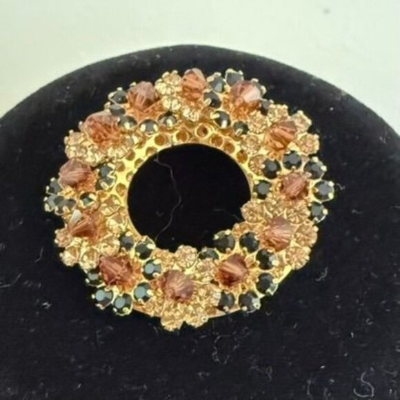 Vintage 1950s Circle Brooch Smoky Brown Jet Rhinestones Goldtone Mid Century Pin - Picture 6 of 12